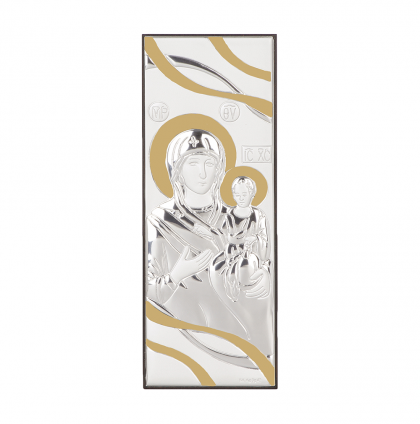 Икона 29 х 11 см Св. Богородица и Младенеца със сребърно и златно покритие