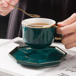 чаша за кафе/ капучино, чинийка и лъжичка Зелен Диамант - порцелан