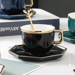 чаша за кафе/ капучино, чинийка и лъжичка Черен Диамант - порцелан