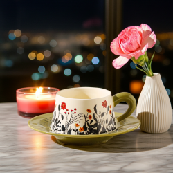 чаша с чинийка Morello, зелена с цветя - порцелан