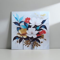 Арт картина върху платно Morello с бели и златни цветя, опъната върху дървена рамка, 60х60 см от вносител liv.bg