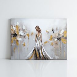 Ръчно рисувана арт картина върху канава с дама в златна рокля, 3D релефни детайли, върху дървена подрамка, 50х70 см от liv.bg