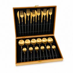 комплект прибори за хранене Morello Royal Gold & Black в златисто и черно от 24 части, подредени в отворена дървена кутия с кадифено покритие