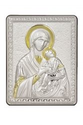 Икона 18 Х 14.5 Богородица и Младенеца със сребърно и златно покритие 