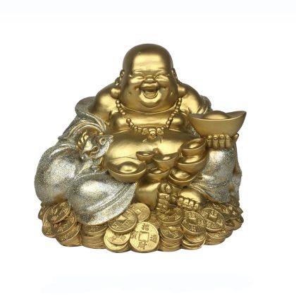 статуетка Смеещият се Буда Хотей в пирамида с монети и златен пясък