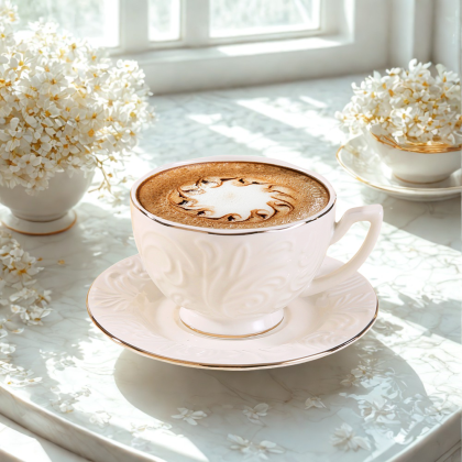 комплект за капучино или чай 220 мл: 6 чаши и 6 чинийки Gold - порцелан