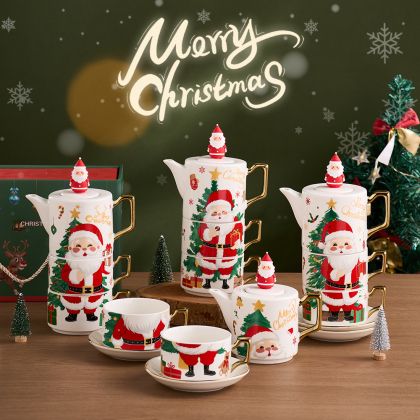 коледен комплект 2 чаши и кана за чай със златни орнаменти Santa Christmas