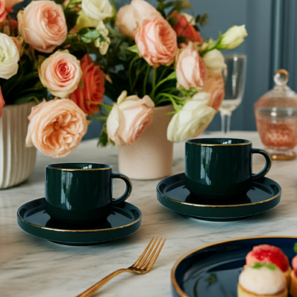 комплект за двама: 2 чаши 200 мл с 2 чинийки Modern Green - порцелан