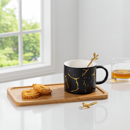 чаша за капучино или чай, чинийка, лъжичка Bamboo Black - порцелан