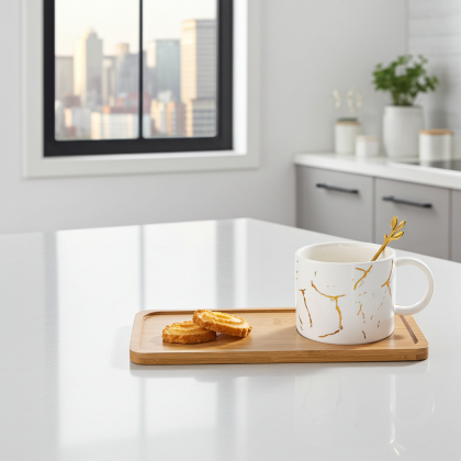 чаша за капучино или чай, чинийка, лъжичка Bamboo White - порцелан