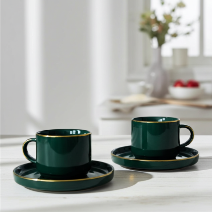 комплект за двама: 2 чаши 200 мл с 2 чинийки Modern Green - порцелан