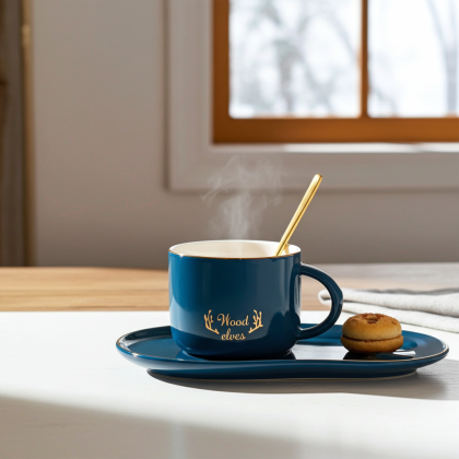 чаша за капучино или чай, дълга чинийка за сладки и лъжичка Wood Elves Light Blue