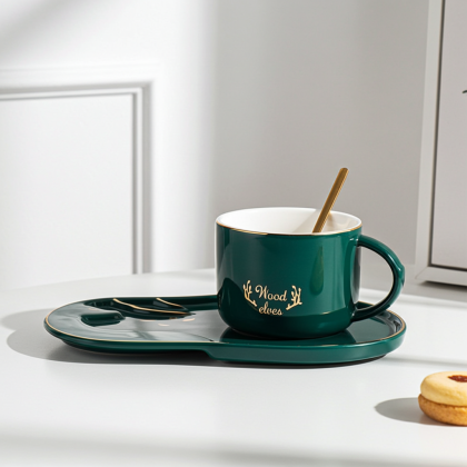 чаша за капучино или чай, дълга чинийка за сладки и лъжичка Wood Elves Green