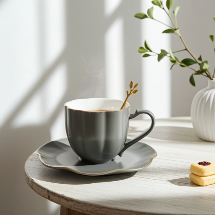чаша за капучино или чай, чинийка и лъжичка Curly Gray - порцелан