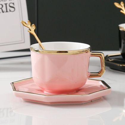 чаша за кафе/ капучино, чинийка и лъжичка Розов Диамант - порцелан