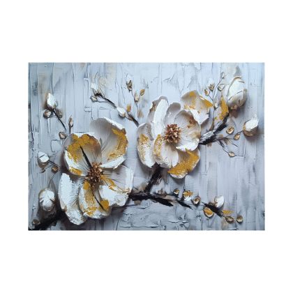 картина с Бели 3D цветя, канава с ръчно рисувани детайли 70 х 50 см