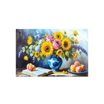 картина с ваза и слънчогледи, канава с ръчно рисувани детайли 60 х 40 см