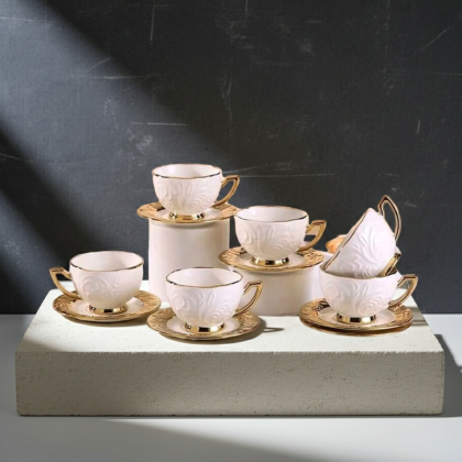 комплект за кафе 120 мл: 6 чаши и 6 чинийки Gold - порцелан