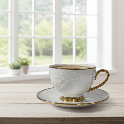 комплект за капучино или чай 220 мл: 6 чаши и 6 чинийки White & Gold - порцелан