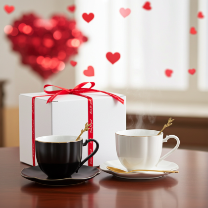 комплект за двама: 2 чаши, 2 чинийки, 2 лъжички White & Gold в подаръчна кутия