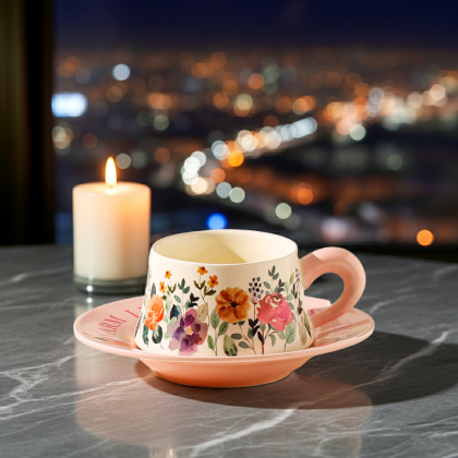 чаша с чинийка Morello, розова с цветя - порцелан