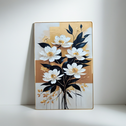 Модерно декоративно пано със златни цветя и черни листа, 3D кристални акценти, алуминиева рамка от liv.bg