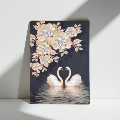 Луксозно 3D пано с лебеди и златни цветя, инкрустирани кристали, 50х70 см, внос от liv.bg