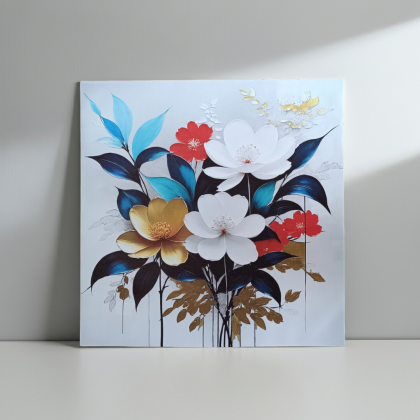 Арт картина върху платно Morello с бели и златни цветя, опъната върху дървена рамка, 60х60 см от вносител liv.bg