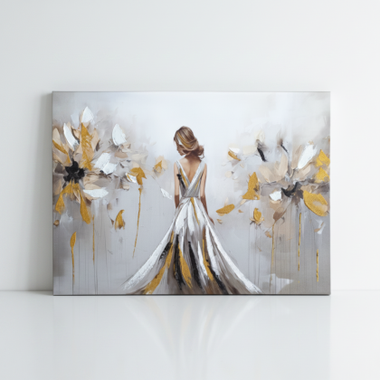 Ръчно рисувана арт картина върху канава с дама в златна рокля, 3D релефни детайли, върху дървена подрамка, 50х70 см от liv.bg