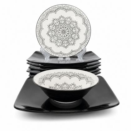 Порцеланов сервиз за хранене Eclipse Mandala 18 части с черни правоъгълни чинии и купички