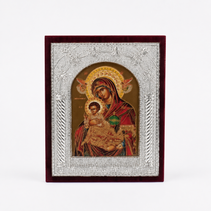 Православна Икона със Сребрист Обков и Стойка (13х10.5 см) – Св. Николай, Св. Георги, Исус Христос, Богородица