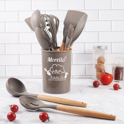 Комплект силиконови кухненски прибори Morello 12 части с дървени дръжки цвят капучино
