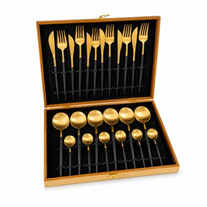 комплект прибори за хранене Morello Royal Gold & Black в златисто и черно от 24 части, подредени в отворена дървена кутия с кадифено покритие