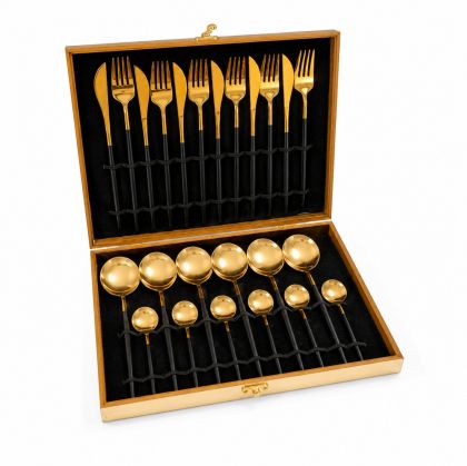 комплект прибори за хранене Morello Royal Gold & Black Glossy в полирано златисто и черен гланц от 24 части, подредени в луксозна дървена кутия