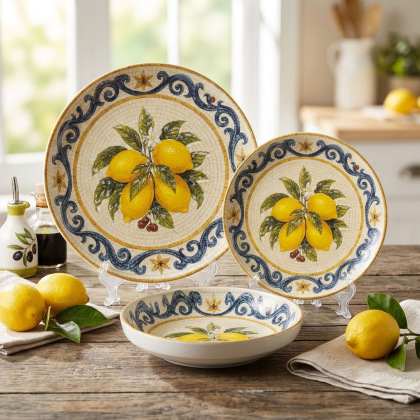 Луксозен керамичен сервиз за хранене Morello Vintage Lemons от 18 части със синьо-златист кант и сицилиански лимони от онлайн магазин liv.bg