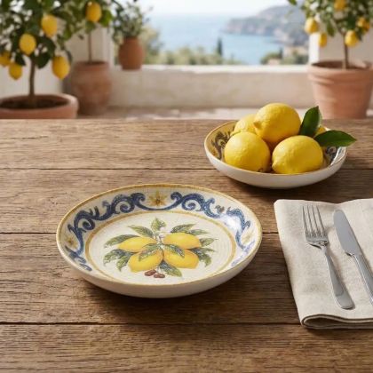 Керамична дълбока чиния Morello Vintage Lemons 20.5 см с дизайн на сицилиански лимони и барокови орнаменти от онлайн магазин liv.bg