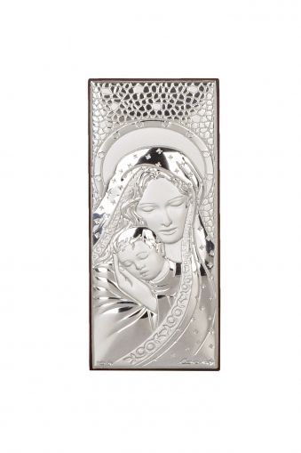 Икона 4 х 11 см Св. Богородица и Младенеца със сребърно покритие 