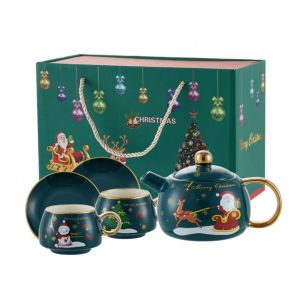 коледен комплект 2 чаши 160 мл, 2 чинийки и кана за чай SANTA CHRISTMAS