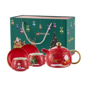 коледен комплект 2 чаши 160 мл, 2 чинийки и кана за чай SANTA CHRISTMAS