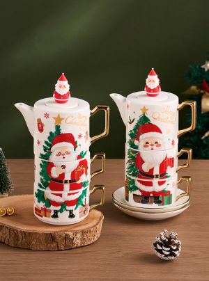 коледен комплект 2 чаши и кана за чай със златни орнаменти Santa Christmas