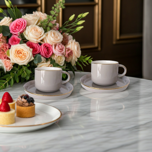 Комплект за двама: 2 чаши 200 мл с 2 чинийки Modern Gray - порцелан