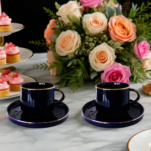 комплект за двама: 2 чаши 200 мл с 2 чинийки Modern Blue - порцелан