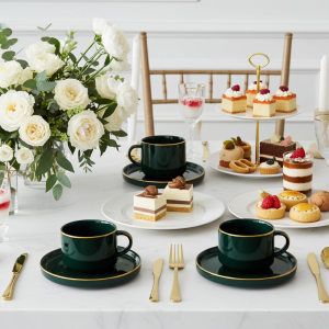 комплект за двама: 2 чаши 200 мл с 2 чинийки Modern Green - порцелан