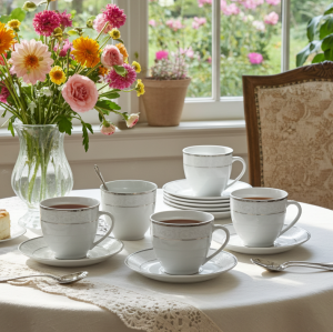 чаши за кафе или чай 12 части White and Silver