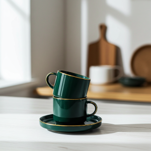 комплект за двама: 2 чаши 200 мл с 2 чинийки Modern Green - порцелан