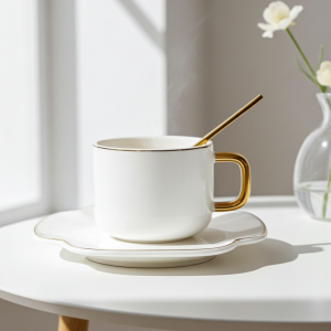 чаша кафе/ капучино, чинийка и лъжичка Бяла Детелина - порцелан
