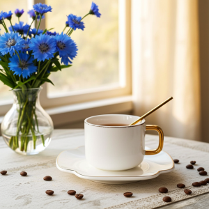 чаша кафе/ капучино, чинийка и лъжичка Бяла Детелина - порцелан