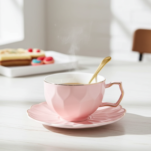 Чаша за кафе, капучино или чай, чинийка, лъжичка Fresh Nordic Pink - нежен и лек порцелан