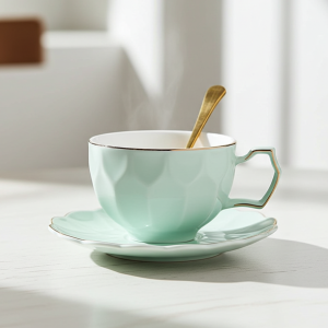 чаша за кафе, капучино или чай, чинийка, лъжичка Fresh Nordic Green - нежен и лек порцелан