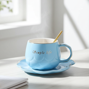 чаша за капучино или чай 250 мл, чинийка, лъжичка Simple Life Blue - порцелан